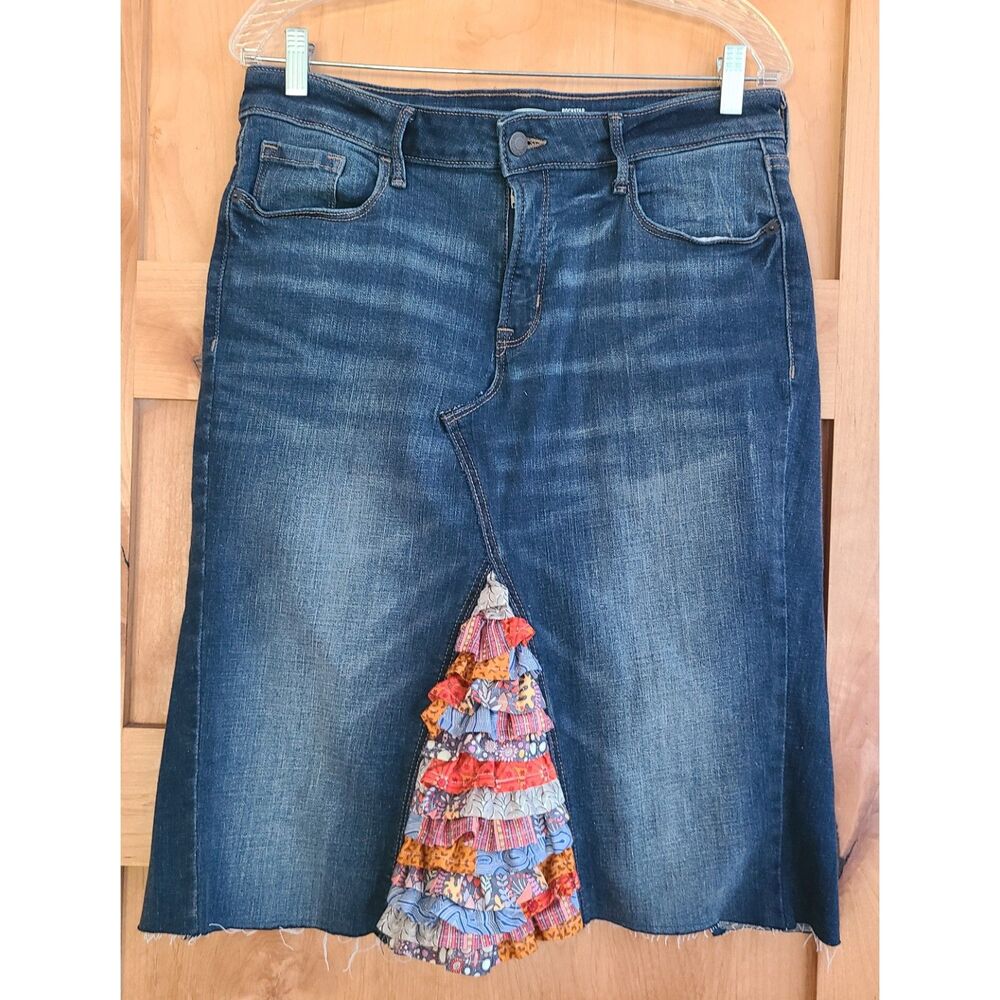 Reworked Upcycled Denim Skirt Patchwork Ruffle Sz 12 Knee Length Modest Boho‎ L